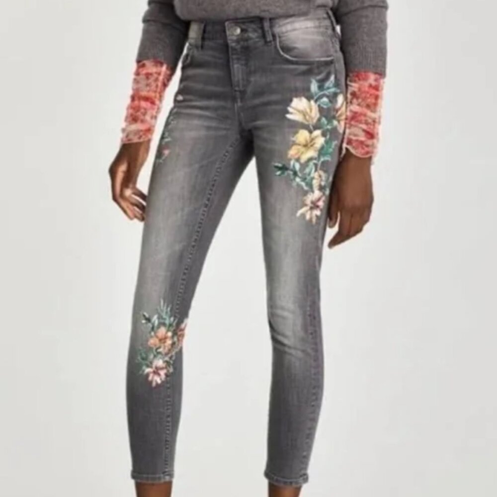 Zara Skinny Jeans - Basic Grey Floral Painted - Size 2